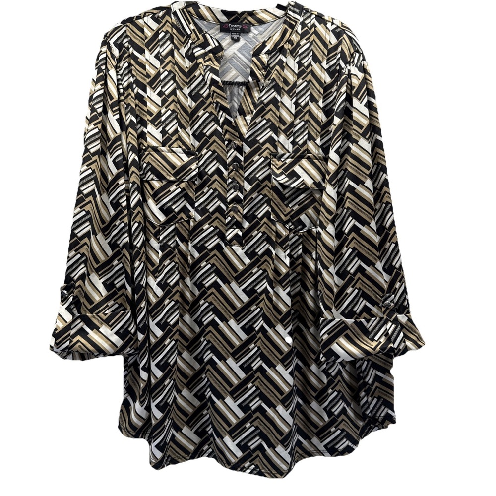Cocomo Women's Top Size 2X Popover Black Brown Roll Tab Sleeves Slinky‎ Pullover